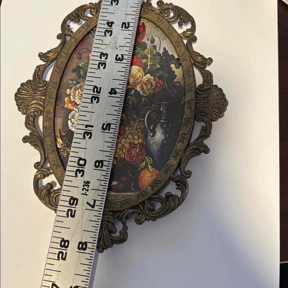 Ornate Vintage Brass Frame with Floral Print Behind Bubble Glass Made in Italy - Picture 6 of 7